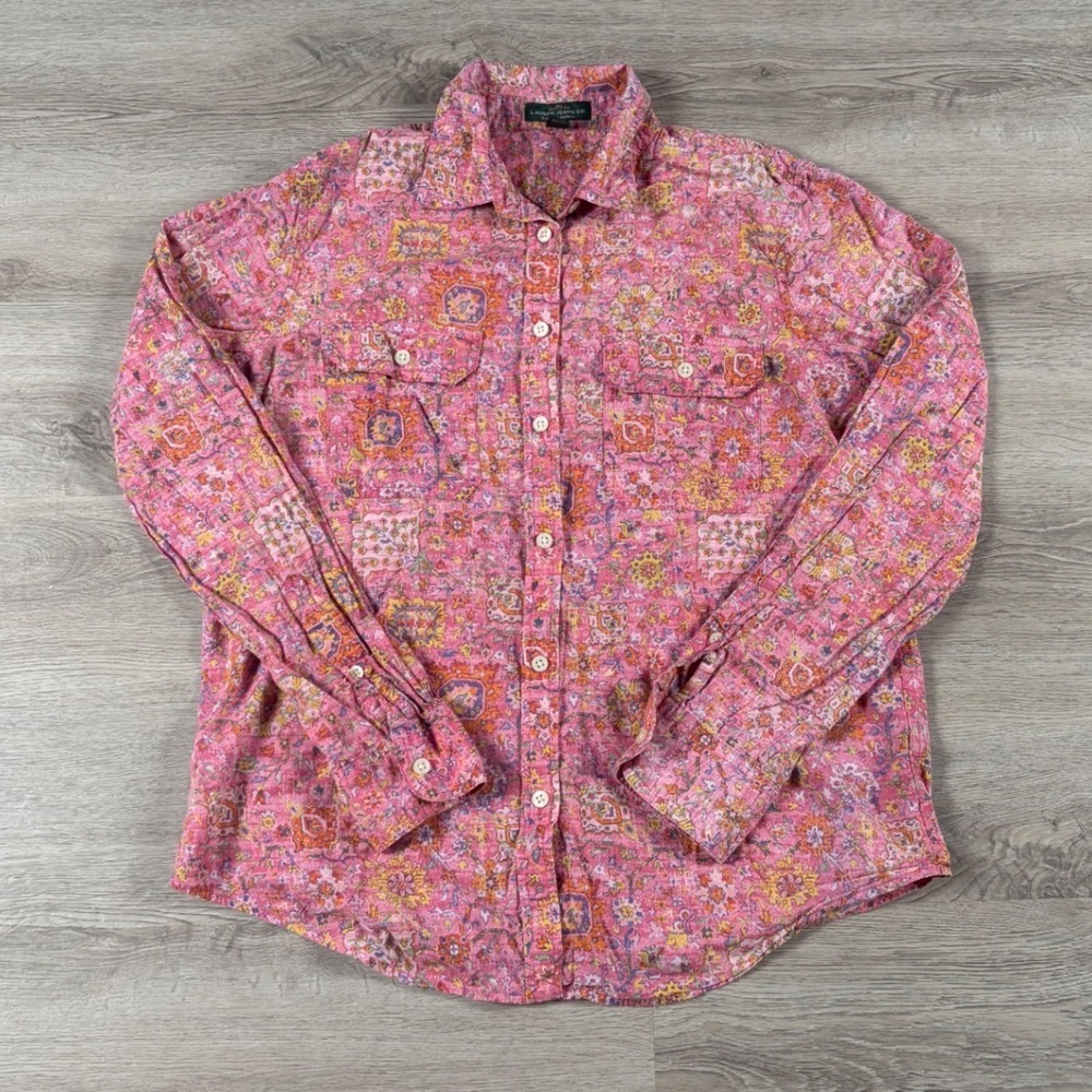 Lauren Ralph Lauren Button Up Women M Pink Paisley Floral Cotton Long Sleeve